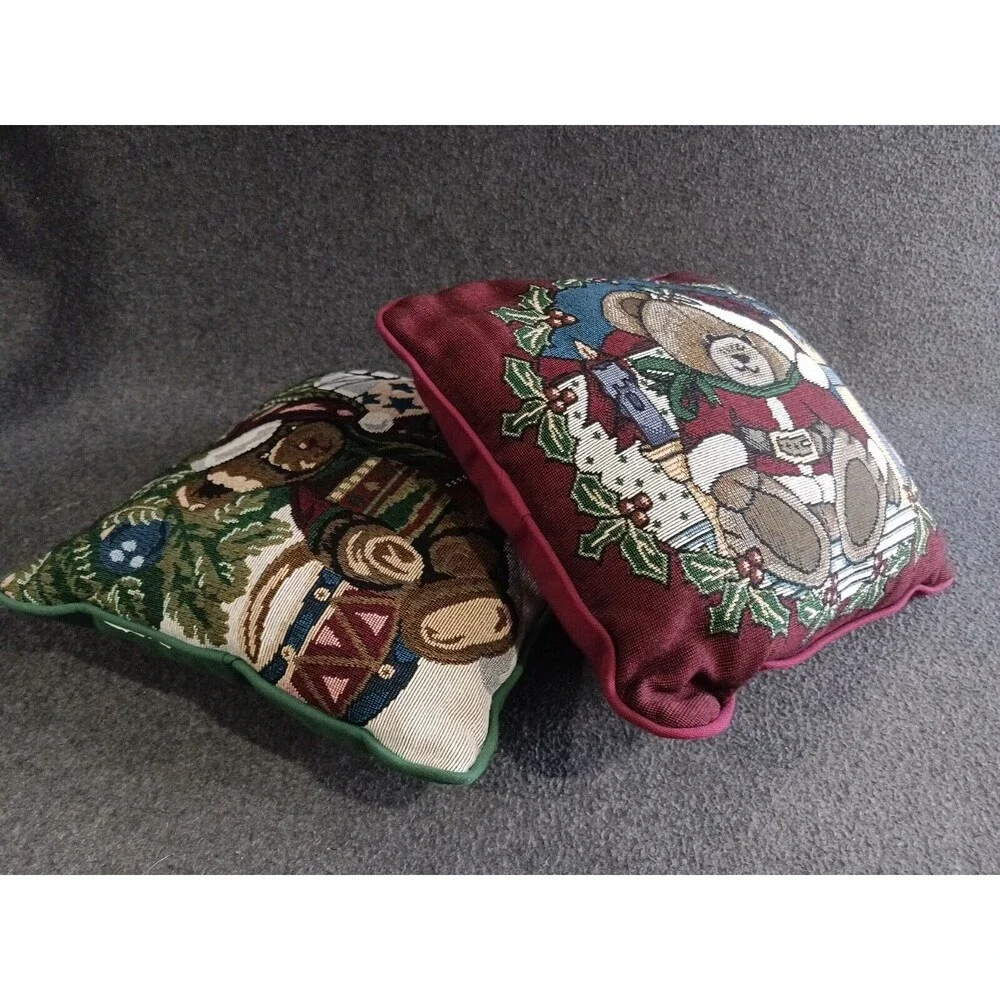 Christmas Teddy Bear Tapestry Throw Pillow Set of 2 Square Maroon & Green 12x12